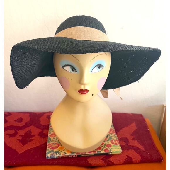 Scala Pronto Black Wide Brim Sun Hat Beige Bow Ribbon Paper Straw One Size EUC main image 4